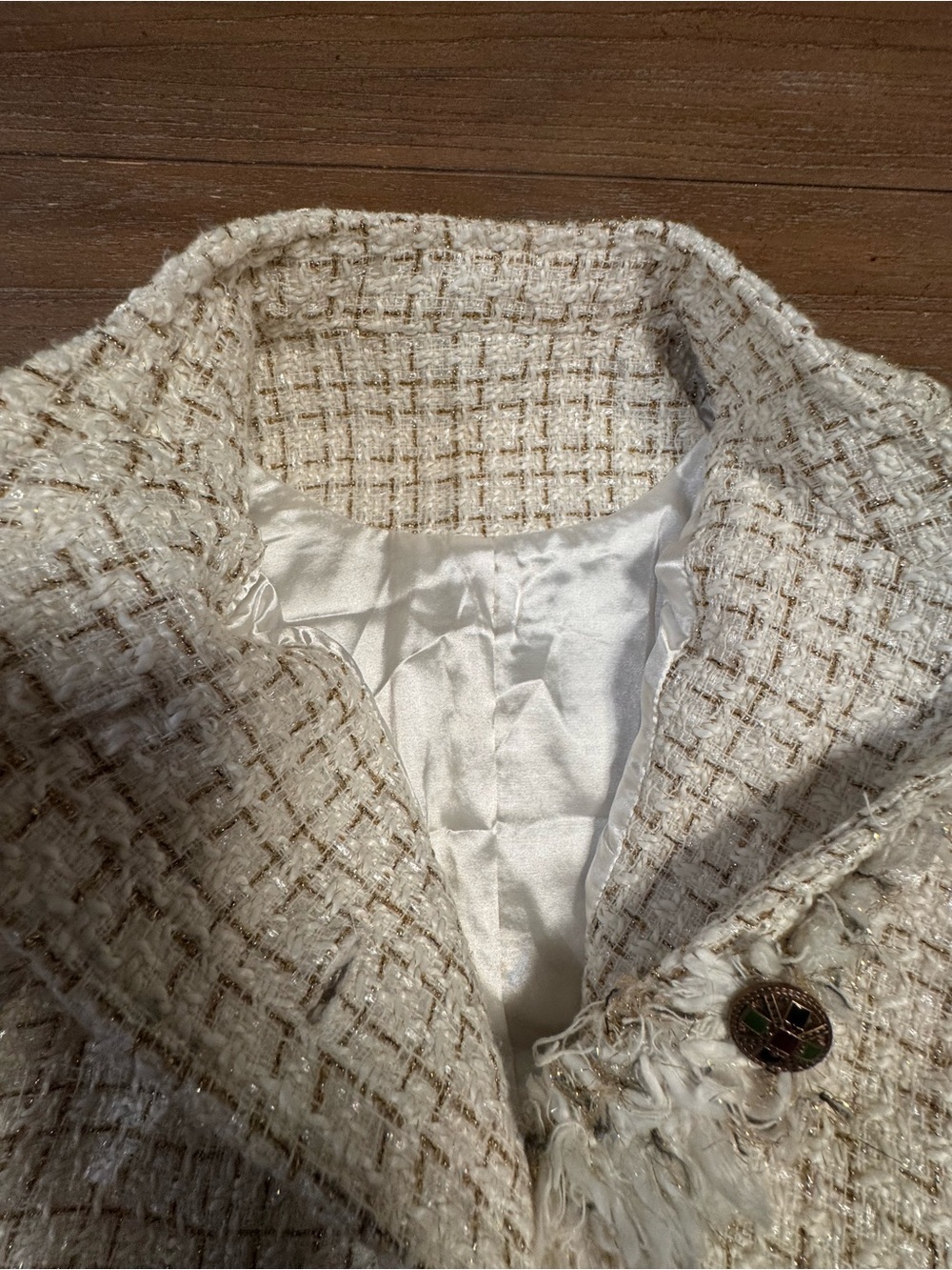 Cream Tweed Belted Long Coat with Fringed Trim #91 - Picture 9 of 9
